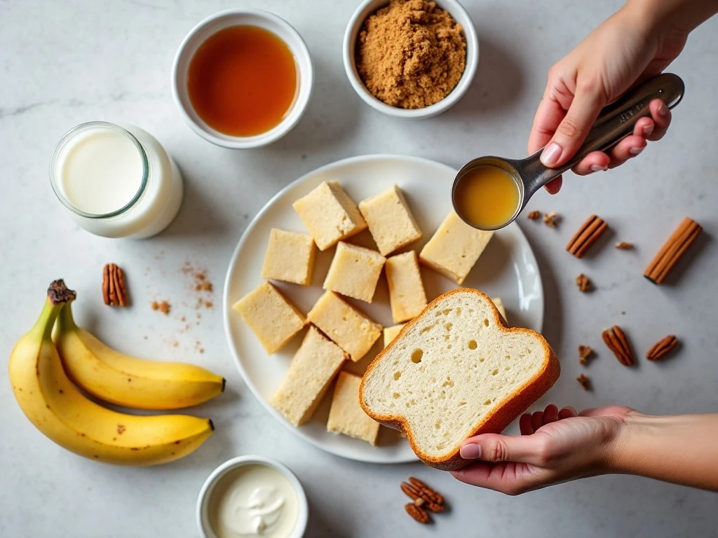 Ingredients for Bananas Foster French Toast Casserole arranged on a counter