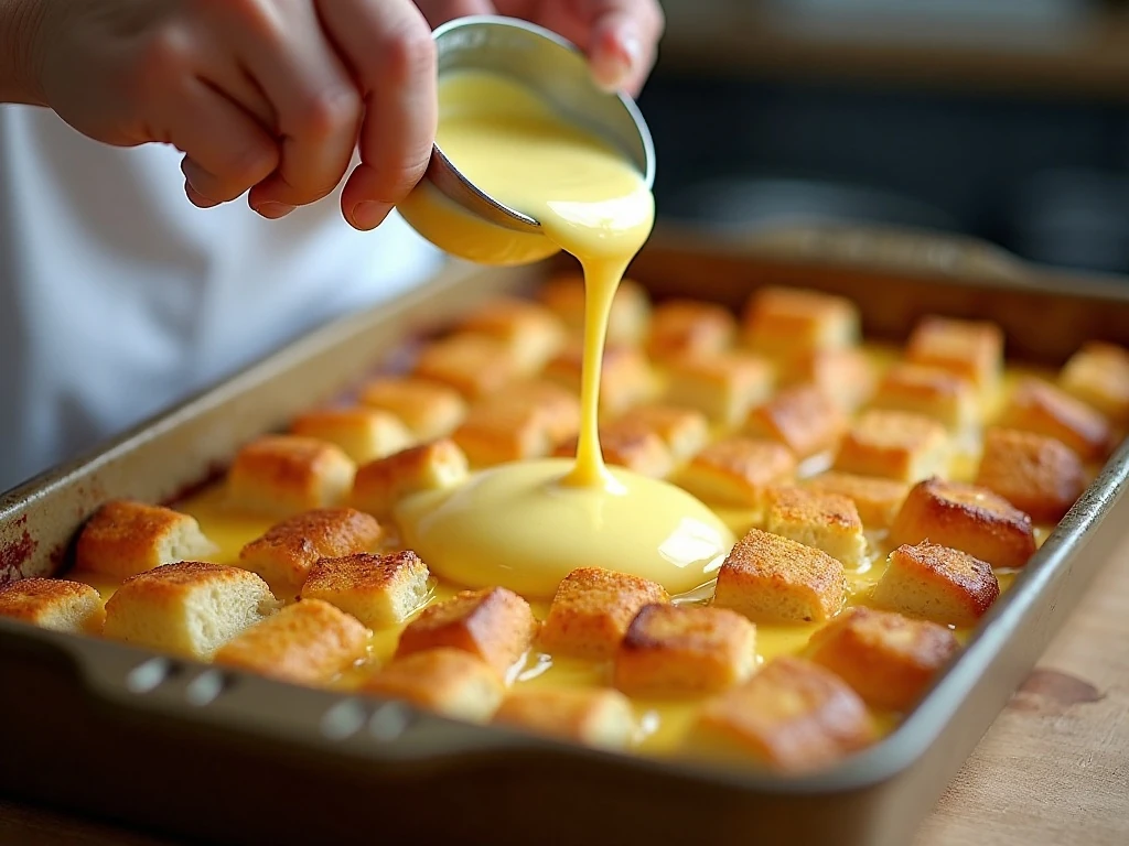 Pouring custard over bread cubes for French toast casserole