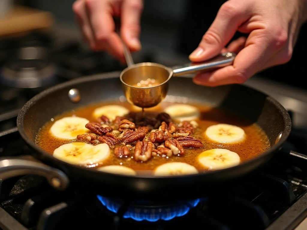 Preparing warm bananas Foster sauce with bananas and pecans
