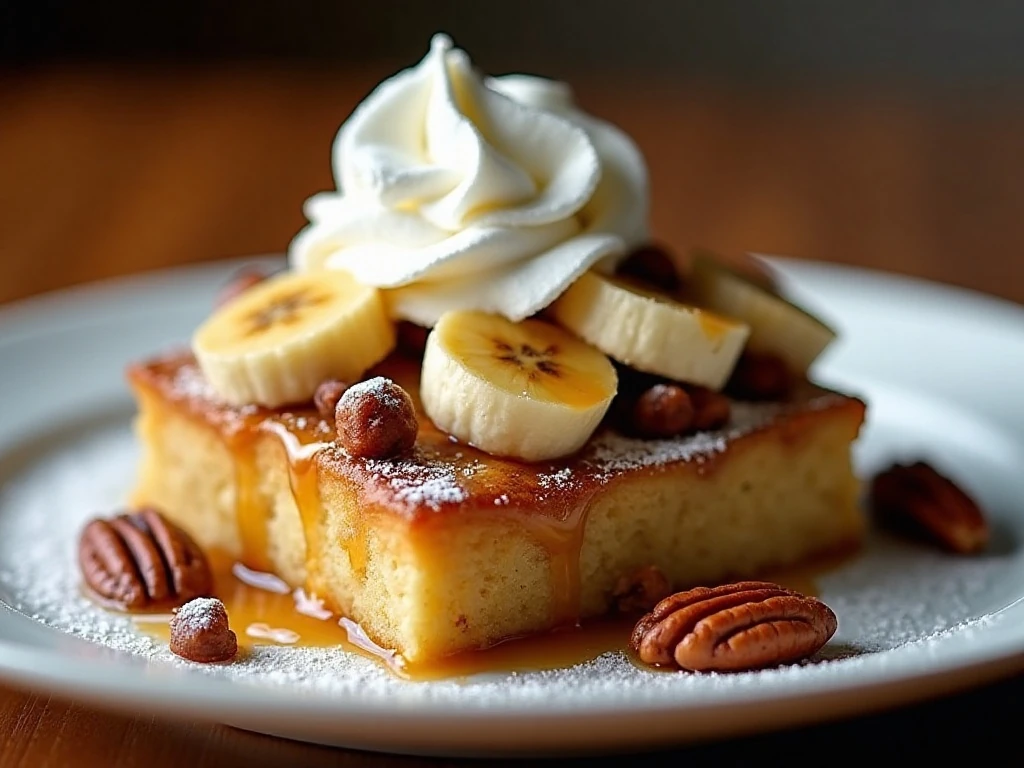 Close-up slice of French toast casserole with banana topping and whipped cream