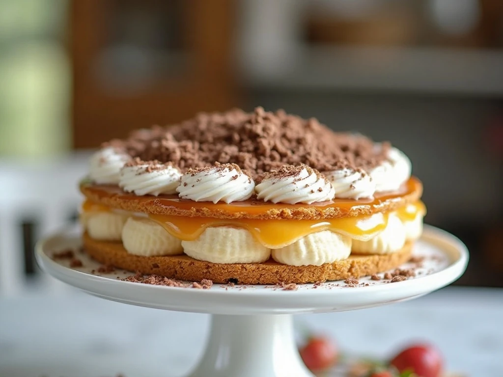 Whole no-bake banoffee pie showing its creamy layered filling