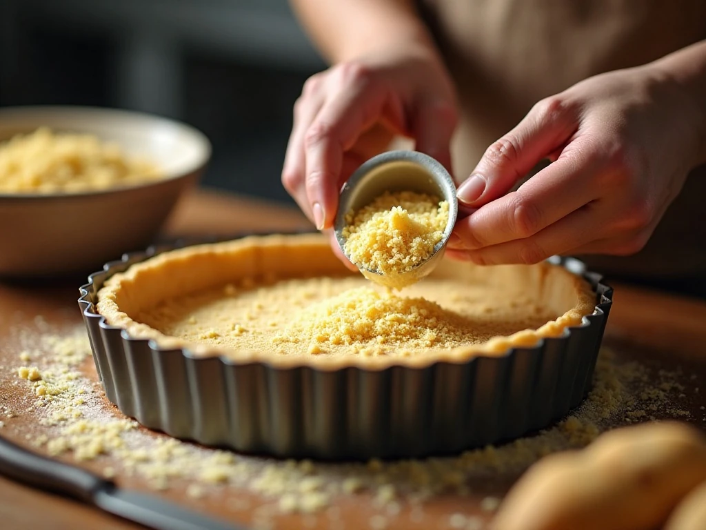 Pressing a buttery biscuit mixture into a tart tin for banoffee pie