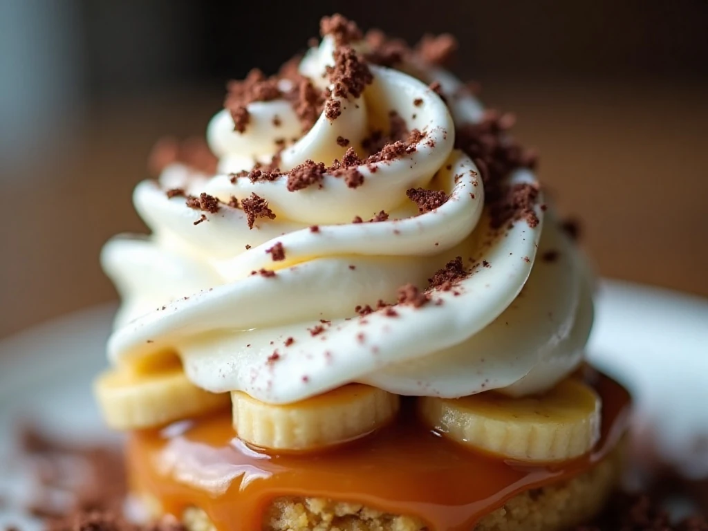 Dark chocolate shavings sprinkled over whipped cream on banoffee pie