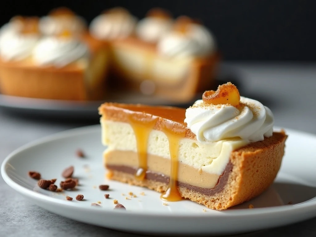 Slice of chilled banoffee pie with distinct caramel and banana layers