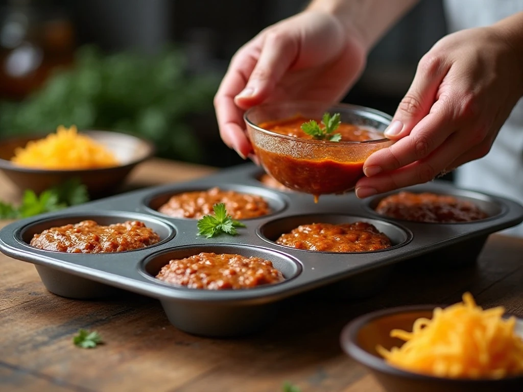 Meatloaf mixture portioned into a muffin pan before baking