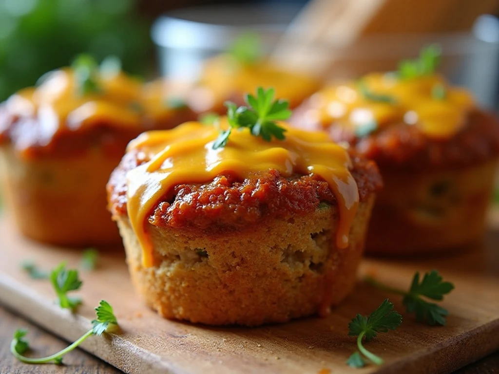 Close-up of a reheated barbecue cheddar meatloaf muffin