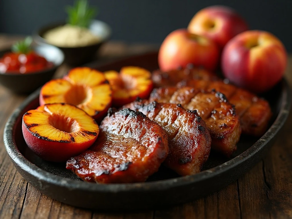 Barbecue pork steaks served with grilled peaches and honey glaze