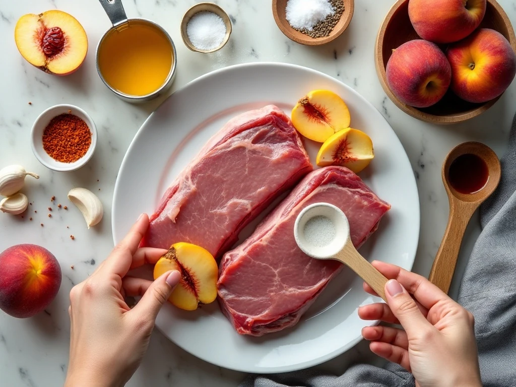 Ingredients for pork steaks with peaches and honey
