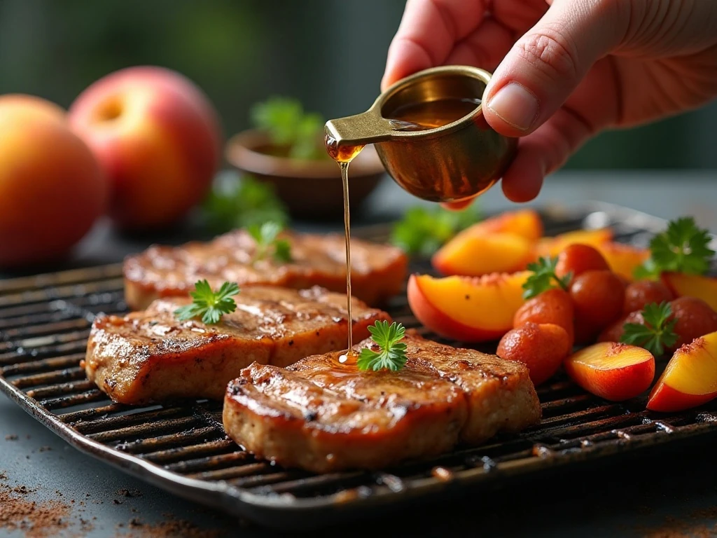 Pork steaks and peaches prepared for grilling