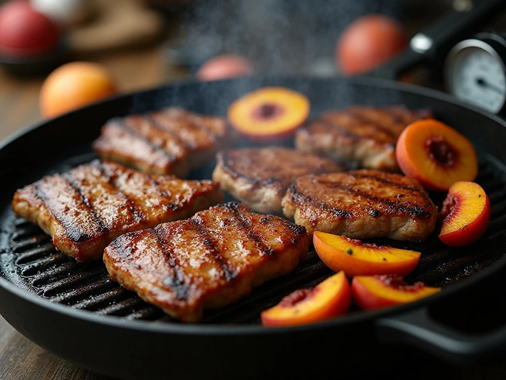 Pork steaks and peaches cooking on the grill