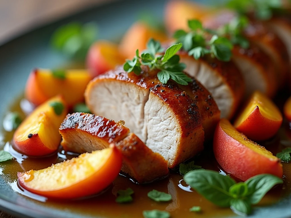 Close-up of honey-glazed pork and caramelized grilled peaches