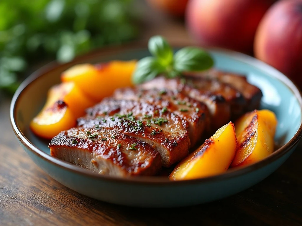 Sliced leftover pork steak with grilled peaches