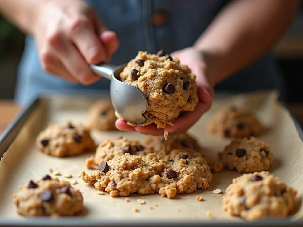 Scooping chocolate peanut butter cookie dough onto parchment