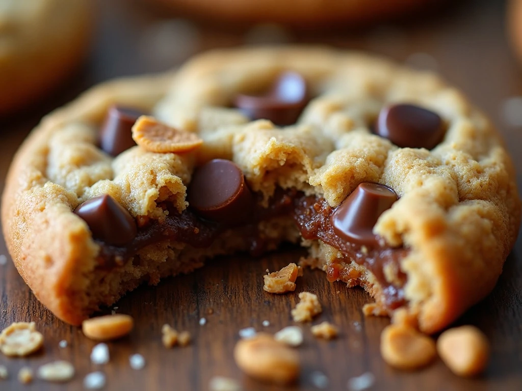 Soft center and chunky texture of a chocolate peanut butter glob cookie