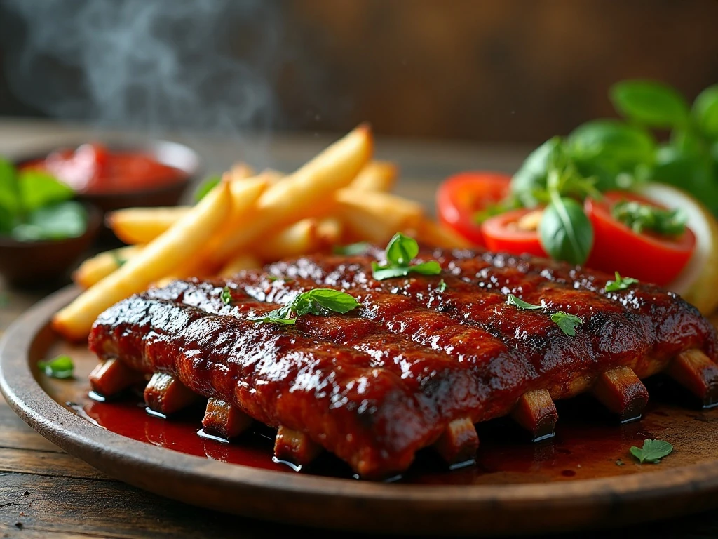 Smoky BBQ baby back ribs served with fresh tomato basil salad