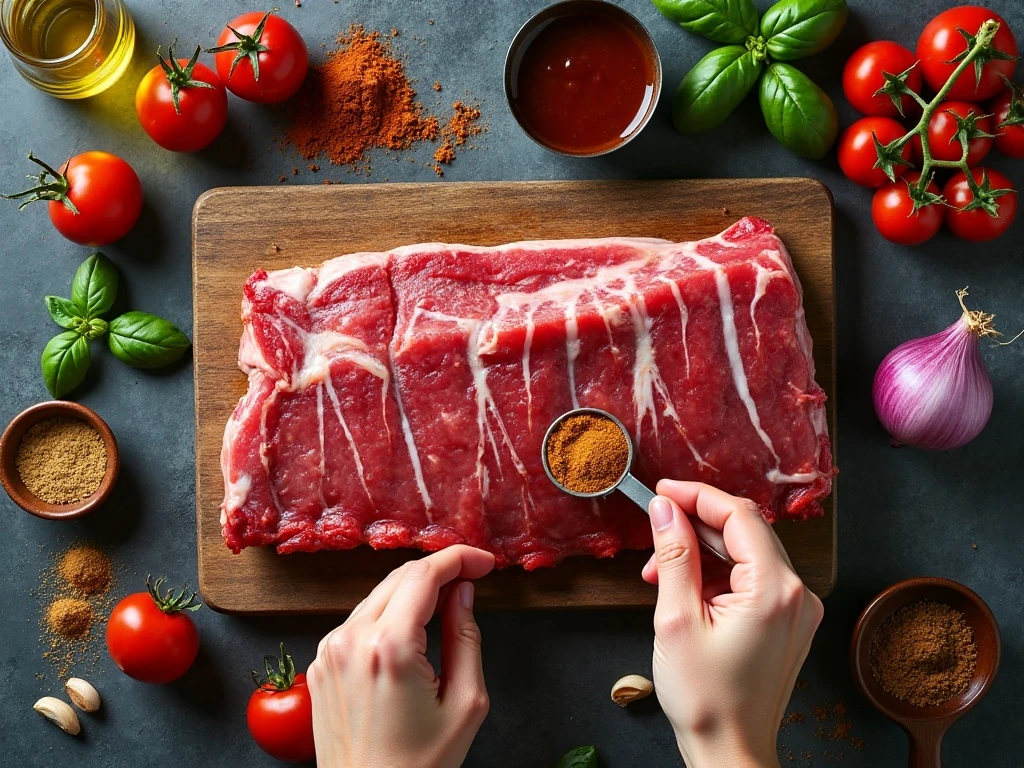Ingredients for smoky BBQ baby back ribs and tomato basil salad