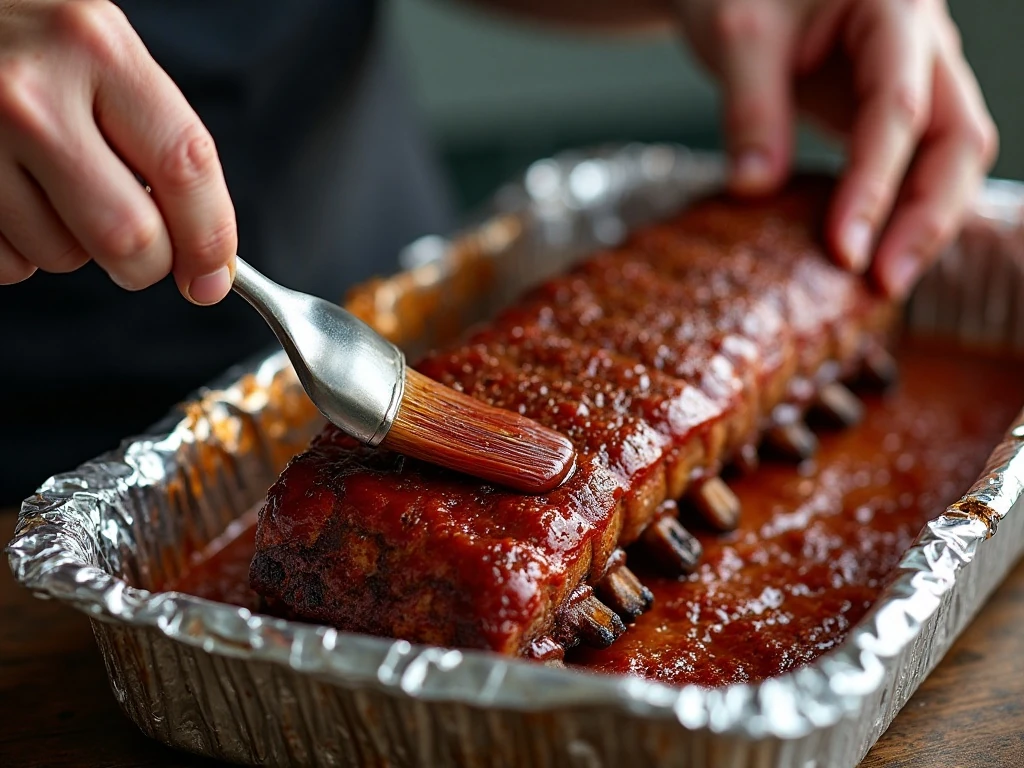 Baby back ribs being brushed with barbecue sauce before finishing