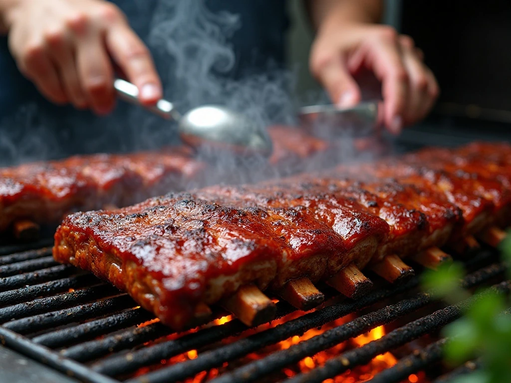 Tender sauced ribs finishing on a hot grill