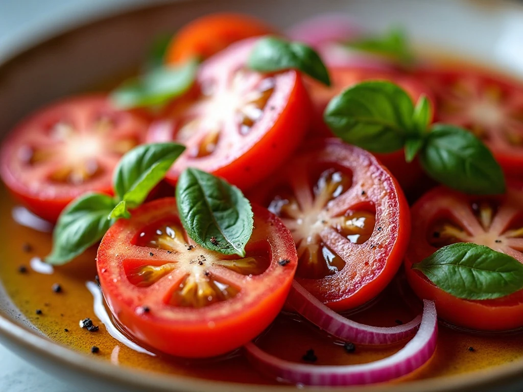 Fresh tomato basil salad with red onion and simple dressing