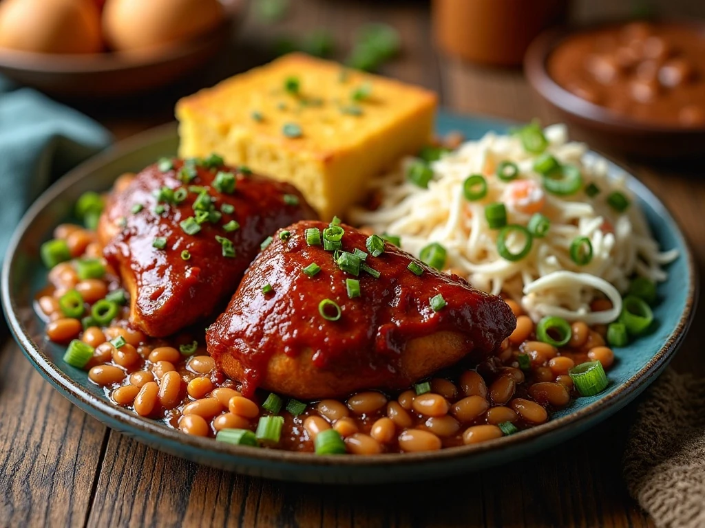 Tender BBQ slow cooker chicken thighs served with classic barbecue sides