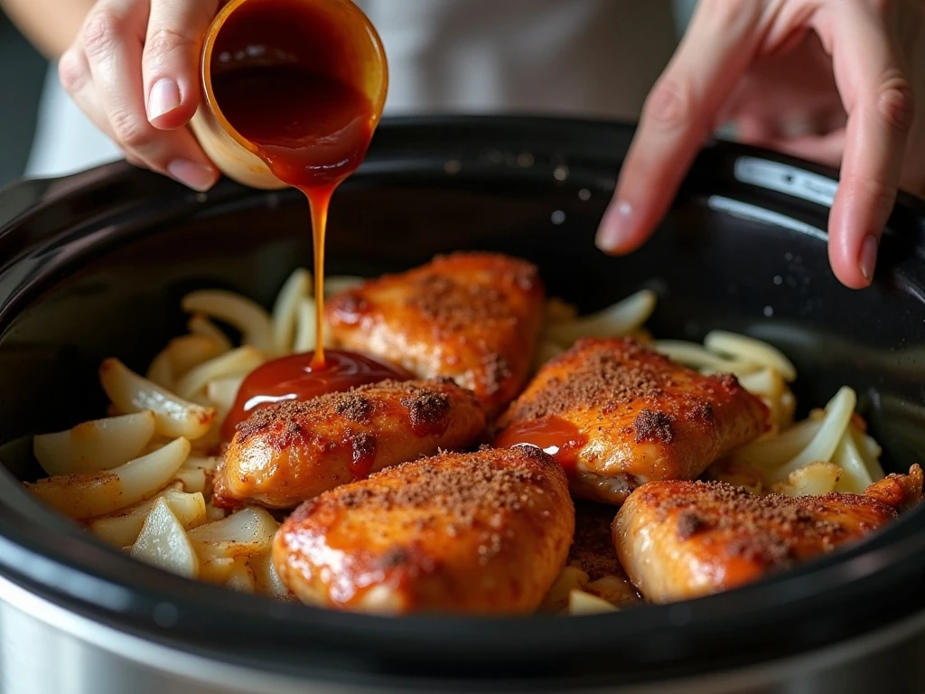Adding barbecue sauce to chicken thighs in the slow cooker