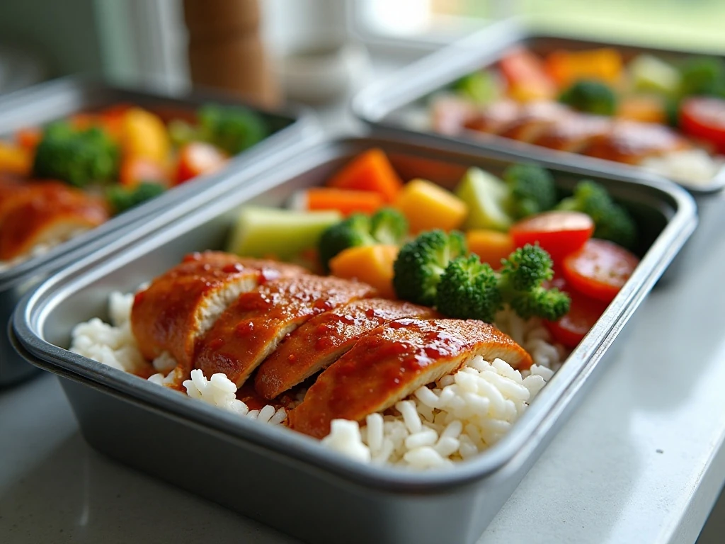 Meal prep containers with leftover BBQ chicken thighs and sides