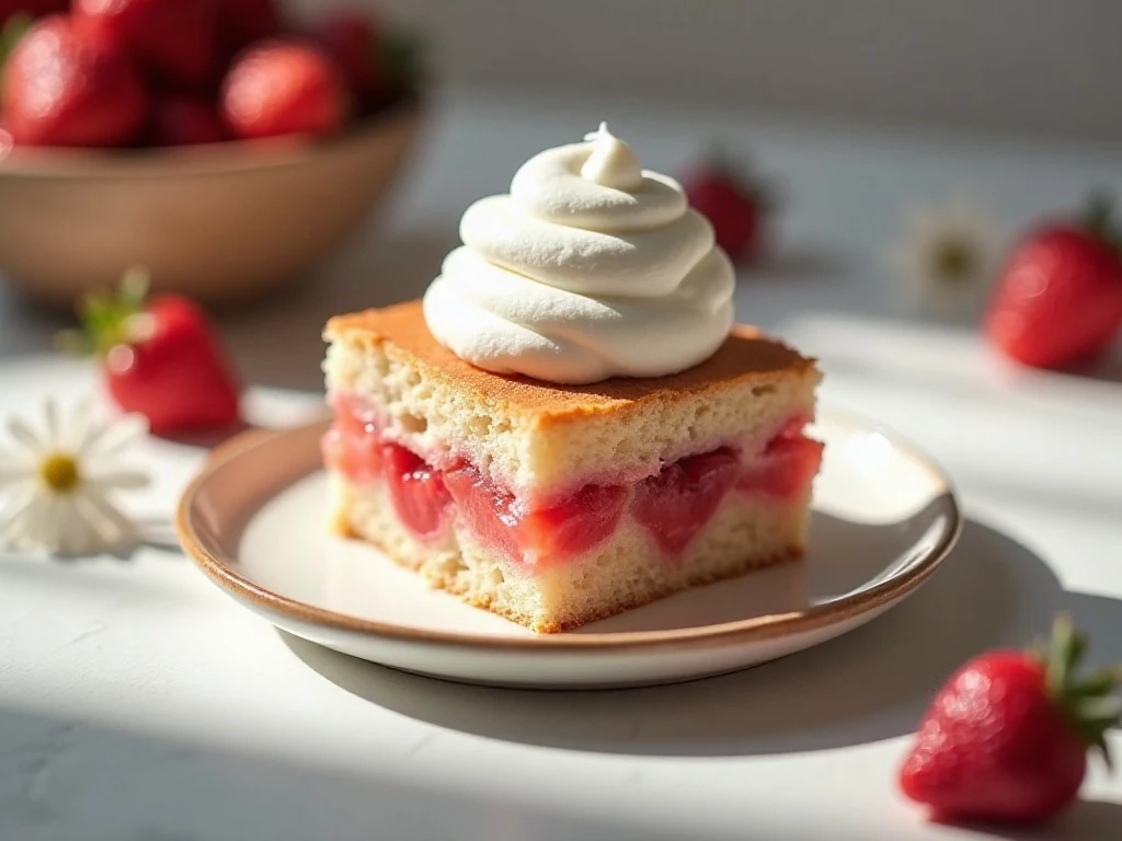 Slice of rhubarb poke cake with strawberry filling and whipped topping