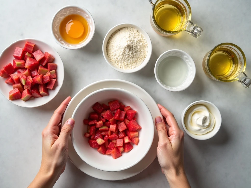 Ingredients for homemade rhubarb poke cake