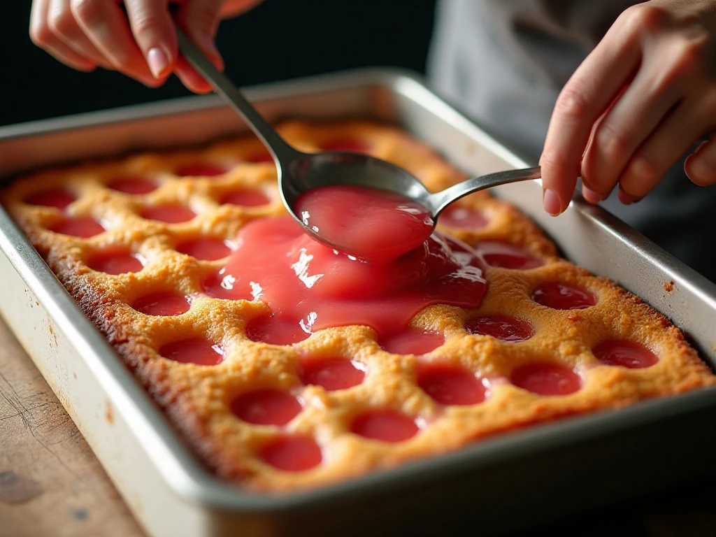 Adding rhubarb strawberry filling to holes in the cake
