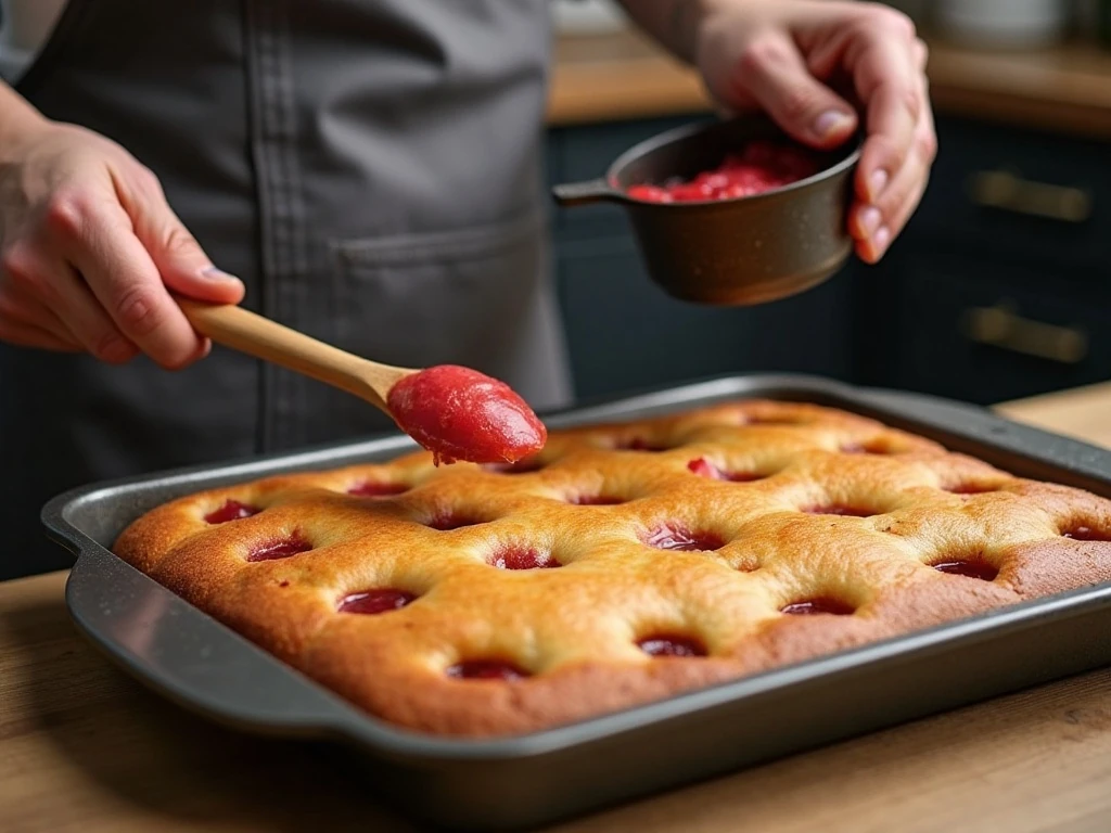 Poking evenly spaced holes in a rhubarb cake