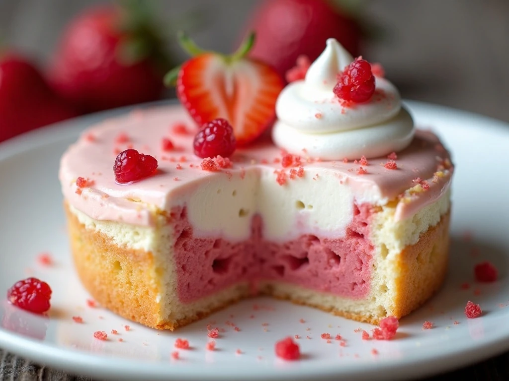 Rhubarb poke cake slice decorated with fruit and whipped topping