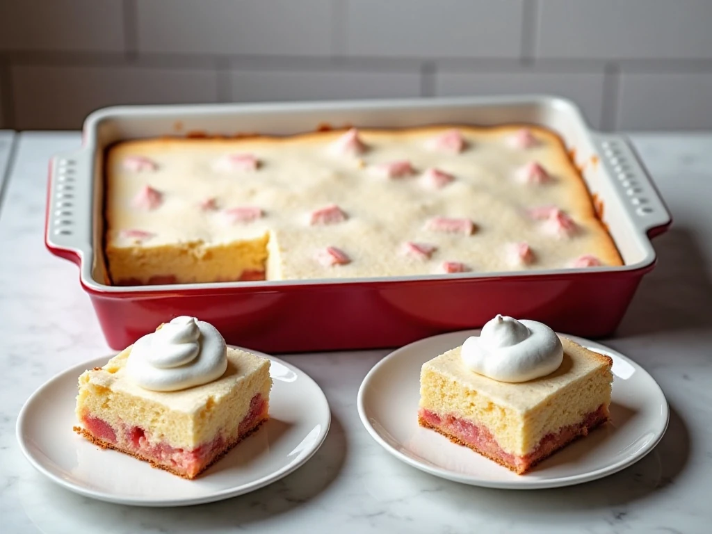 Chilled rhubarb poke cake ready for serving and storage