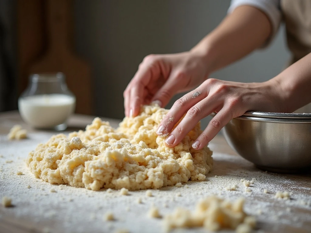 Sticky no-knead dough being shaped for Dutch oven bread