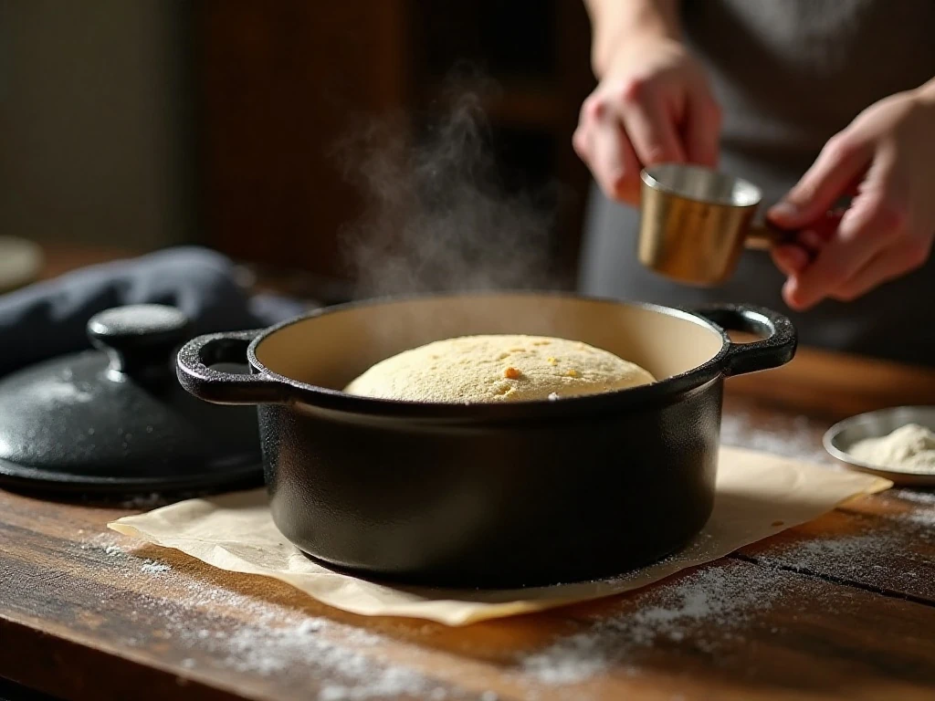 Preheated Dutch oven prepared for baking rustic bread