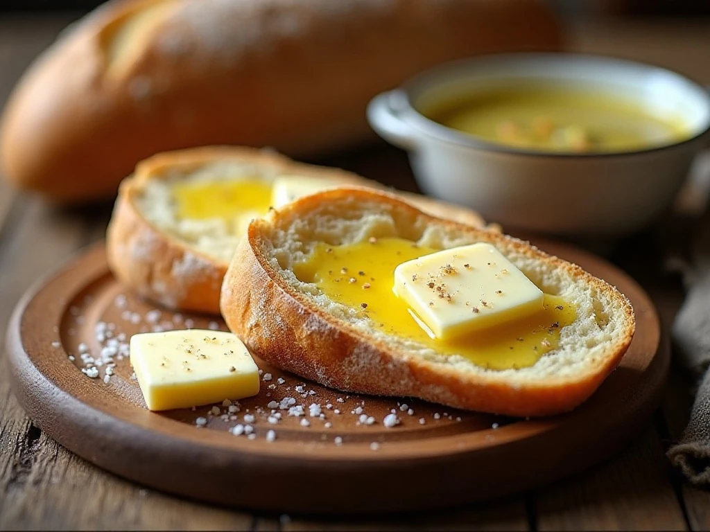 Slices of rustic Dutch oven bread served with butter and soup