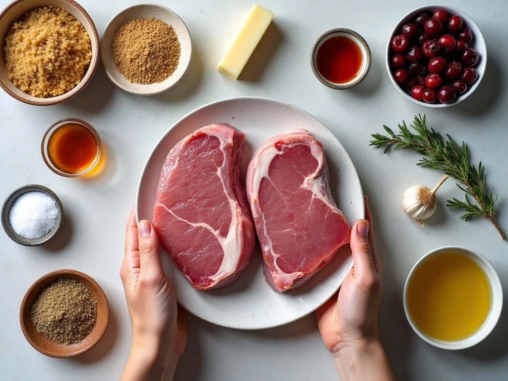 Ingredients for pork chops with bourbon cherry sauce
