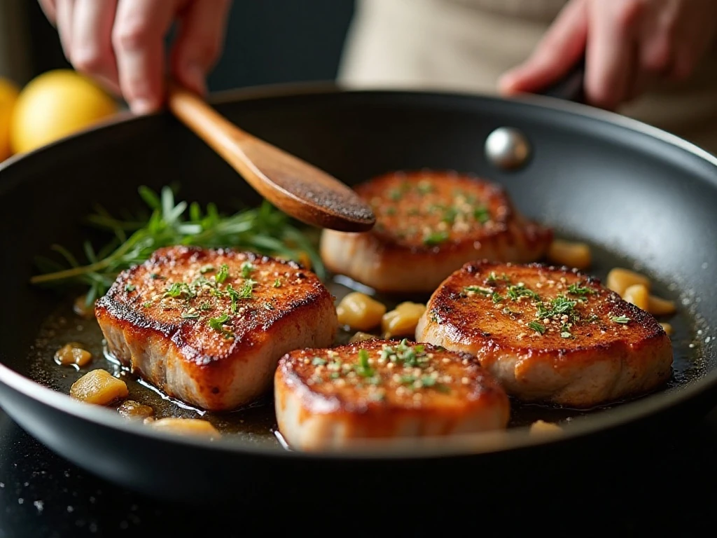 Pork chops searing in a skillet for bourbon cherry sauce