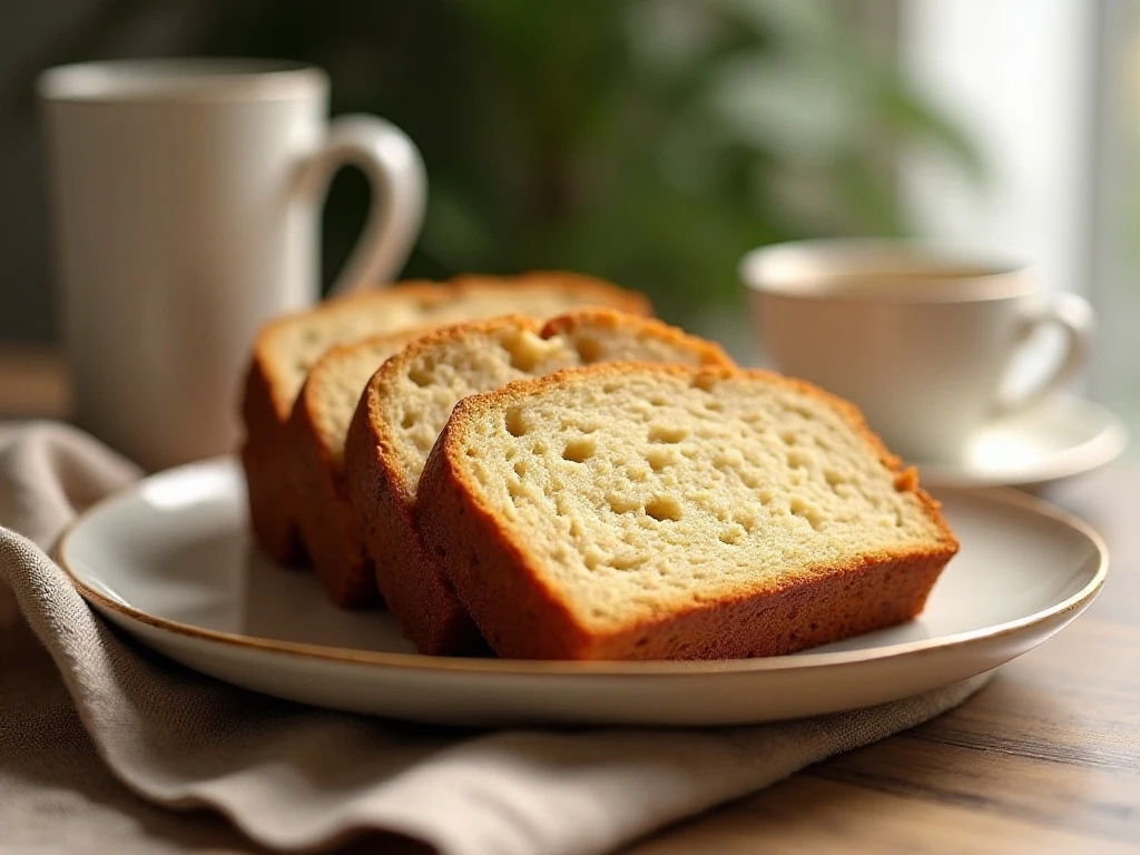 Slices of moist Beckie's Blue Ribbon Banana Bread served on a plate