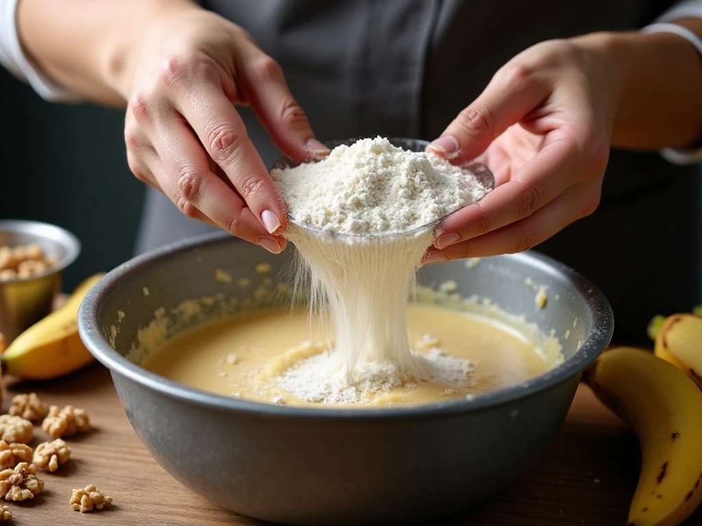 Banana bread batter being gently mixed before baking