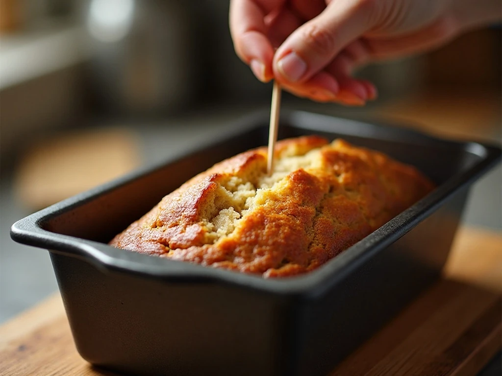 Testing the center of banana bread with a toothpick