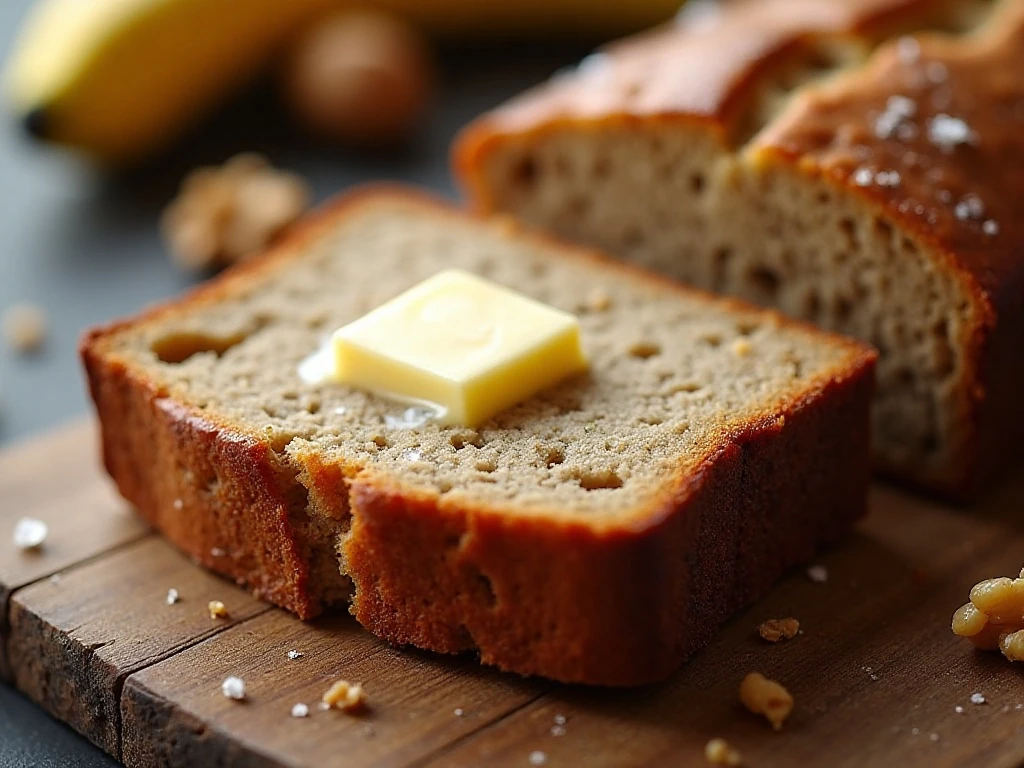 Thick banana bread slice with walnuts and butter