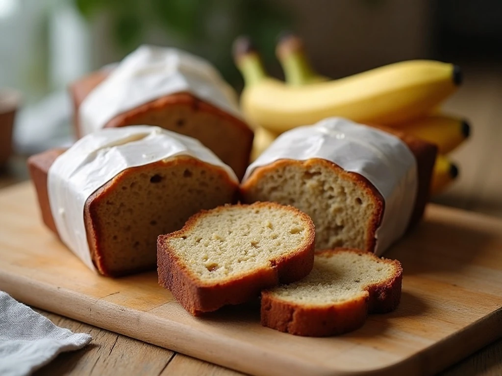 Banana bread loaf and wrapped slices ready for storage