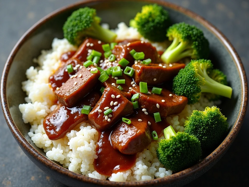 Beef and broccoli stir-fry served over white rice