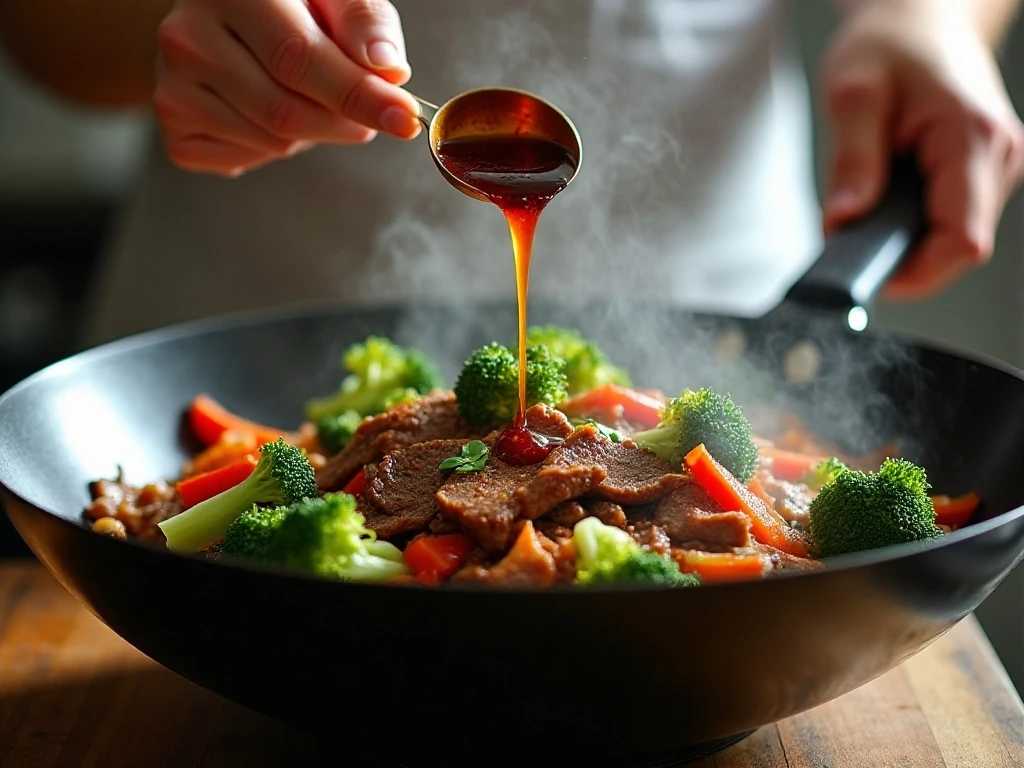 Beef and broccoli cooking in a hot wok