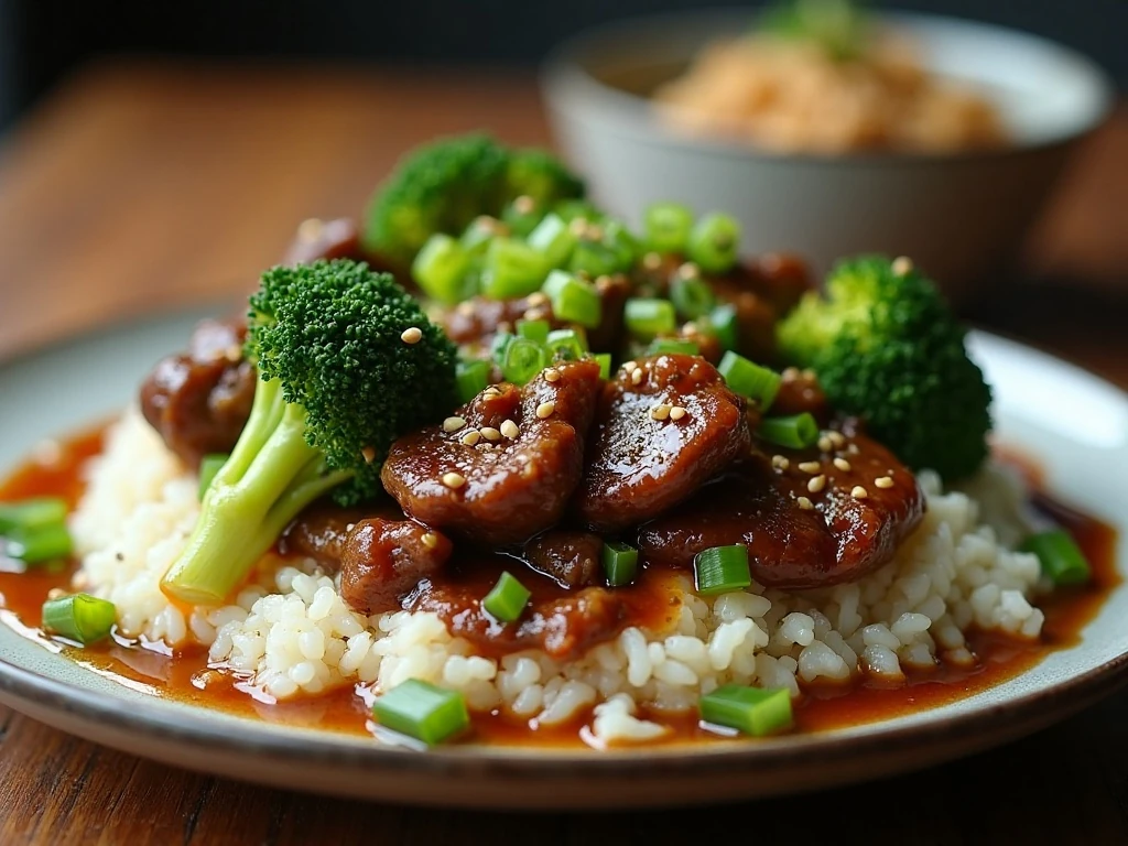 Garnished beef and broccoli rice bowl
