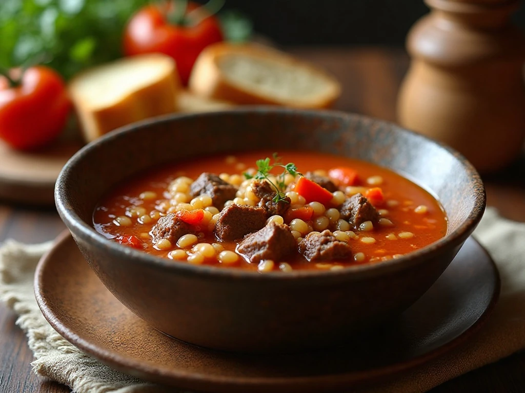Hearty crock pot beef barley soup served for a cozy dinner