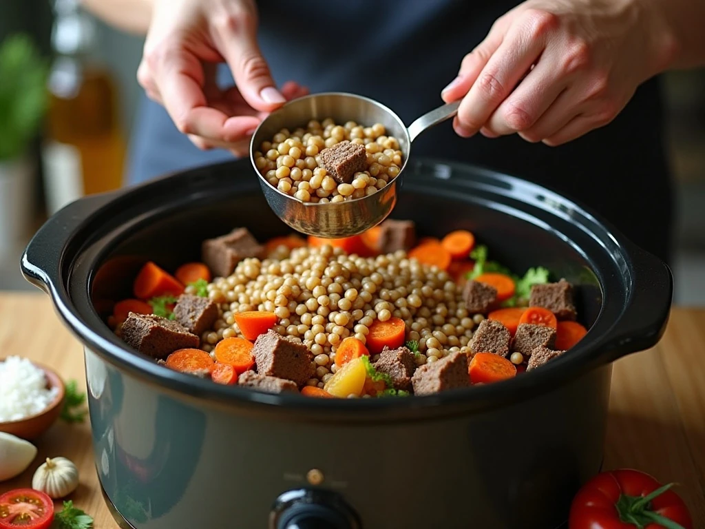 Adding browned beef and barley to the slow cooker