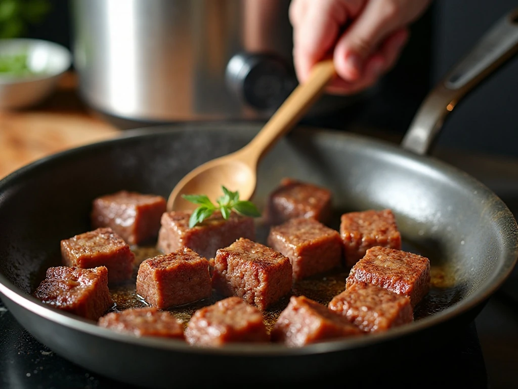 Browning beef for deeper flavor in barley soup