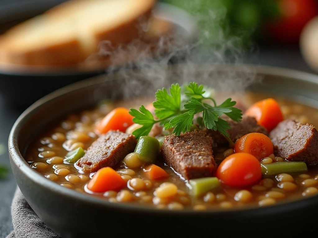 Beef barley soup garnished with fresh parsley