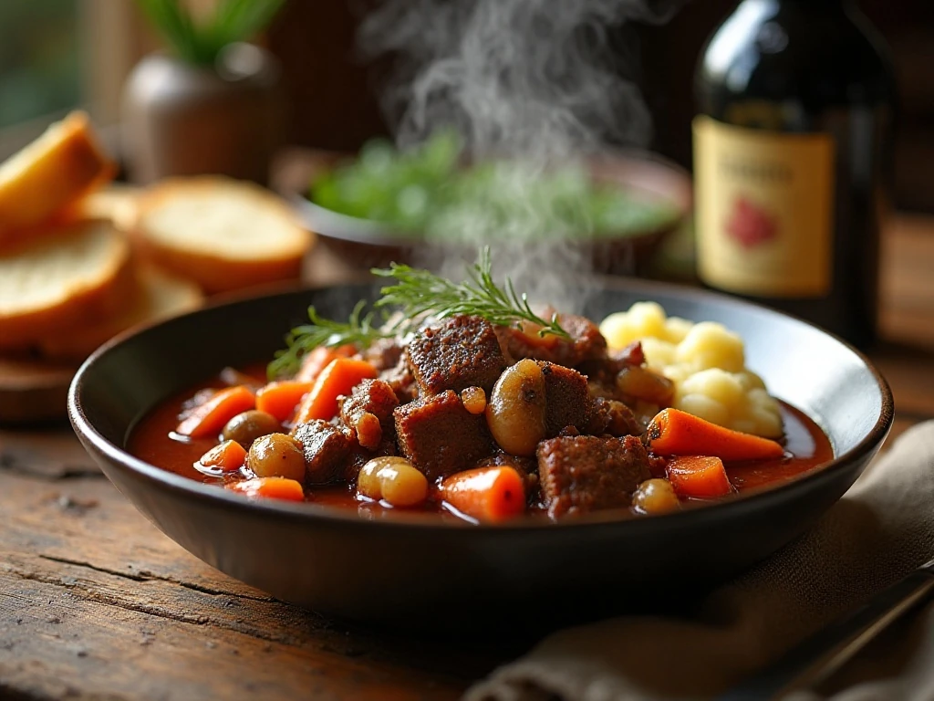 Classic beef bourguignon served with mashed potatoes and crusty bread